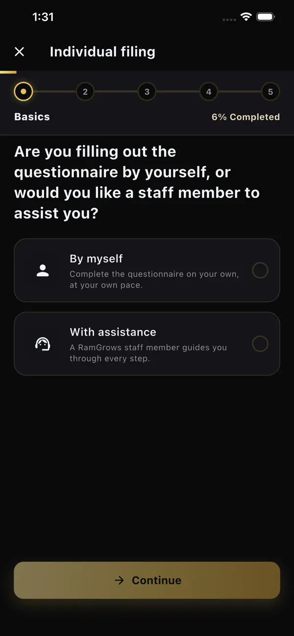 The QisaMoney questionnaire, alone or with a staff member